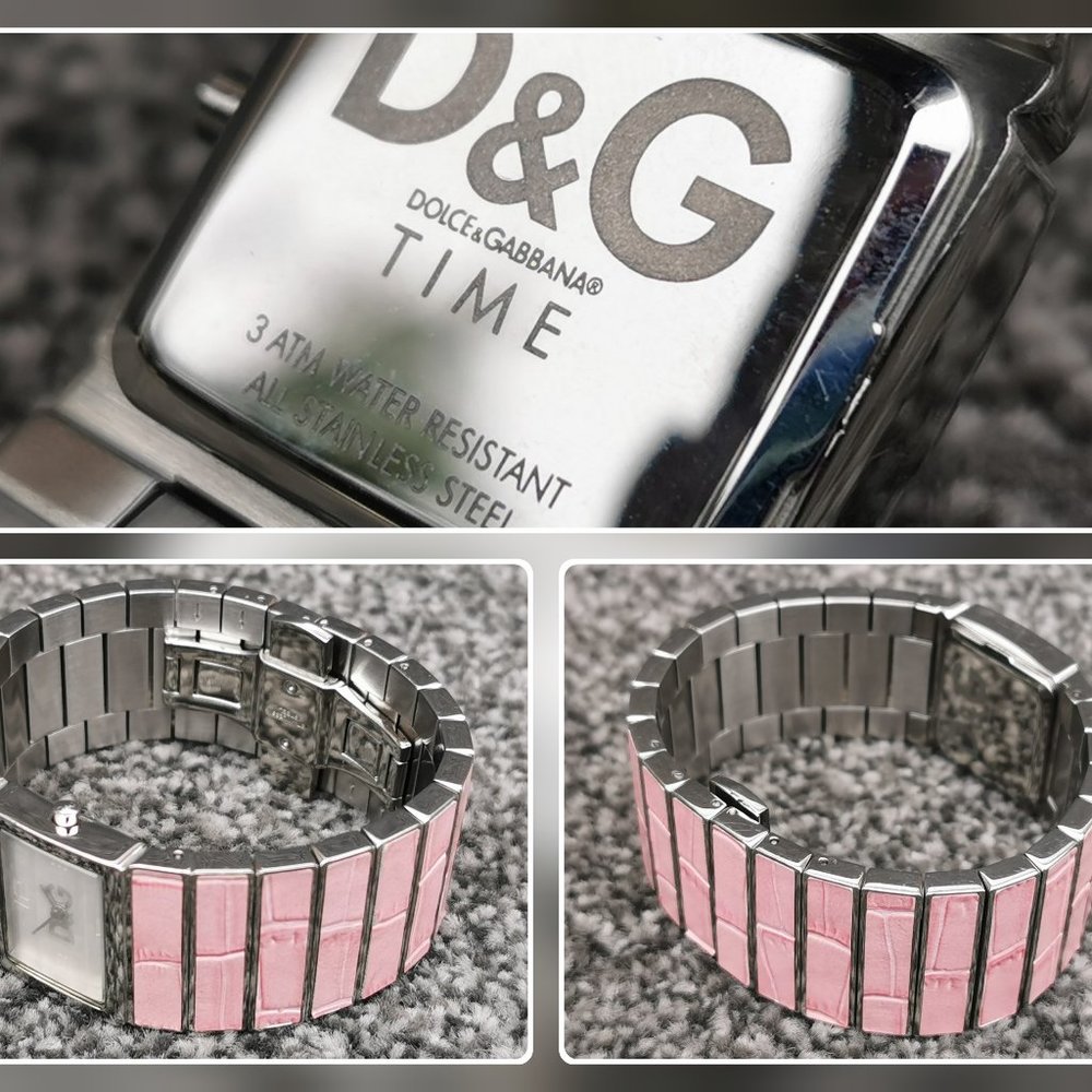D&G TIME Quartz Watch Pink Croco Grain Stainless Steel Cuff Bracelet Authentic - Picture 9 of 12